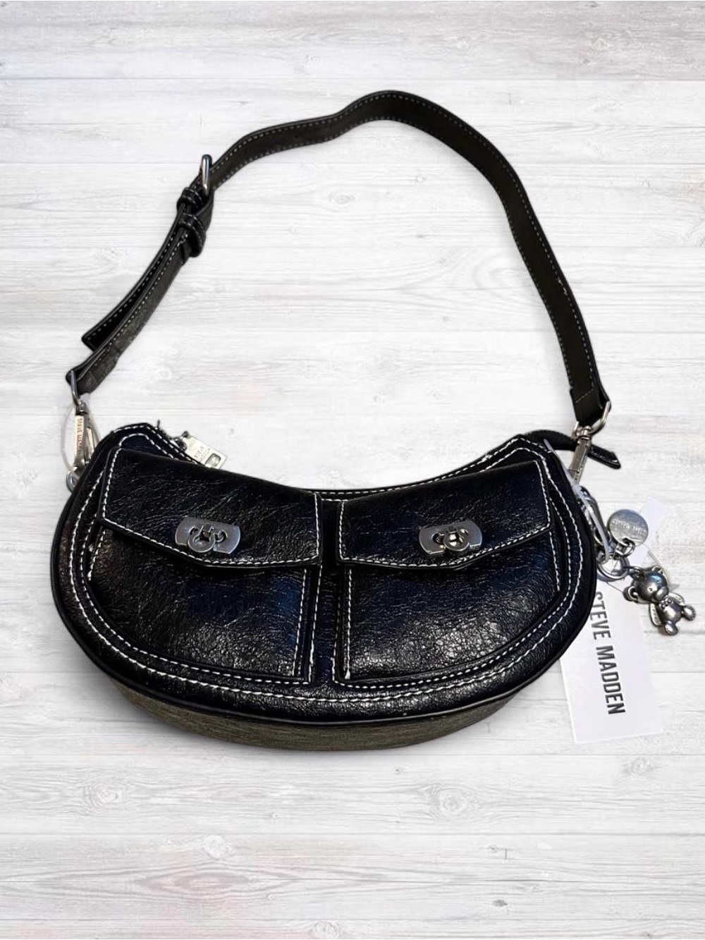 Steve Madden Black Crescent Shoulder Bag with Dual Front Pockets